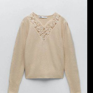 Zara Cream Lace knit Sweater with Buttons Size M